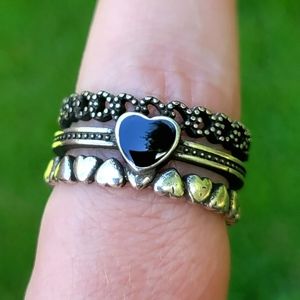Black Heart Silver 925 Heart Ring Ajustable Band One Size Fits All